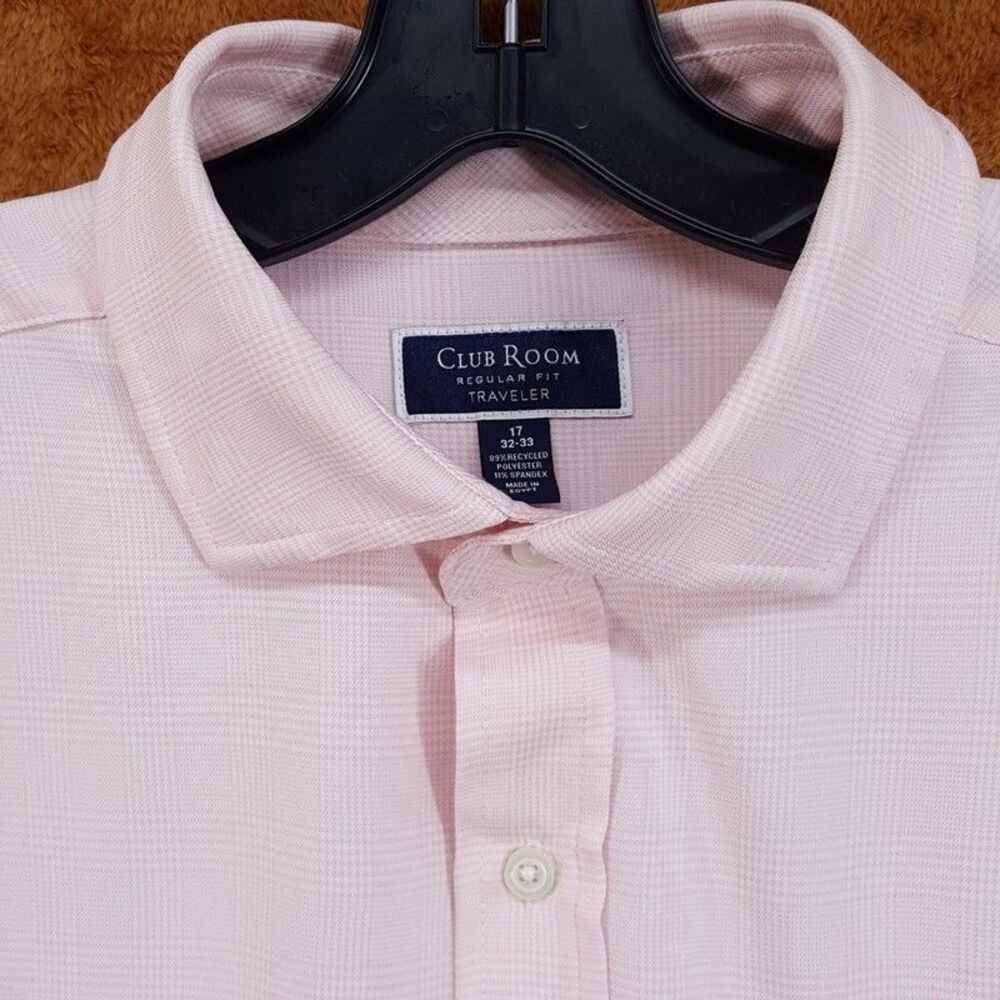 CLUB ROOM Dress Shirt Mens 17 32 33 Pink Check Performance Stretch Traveler